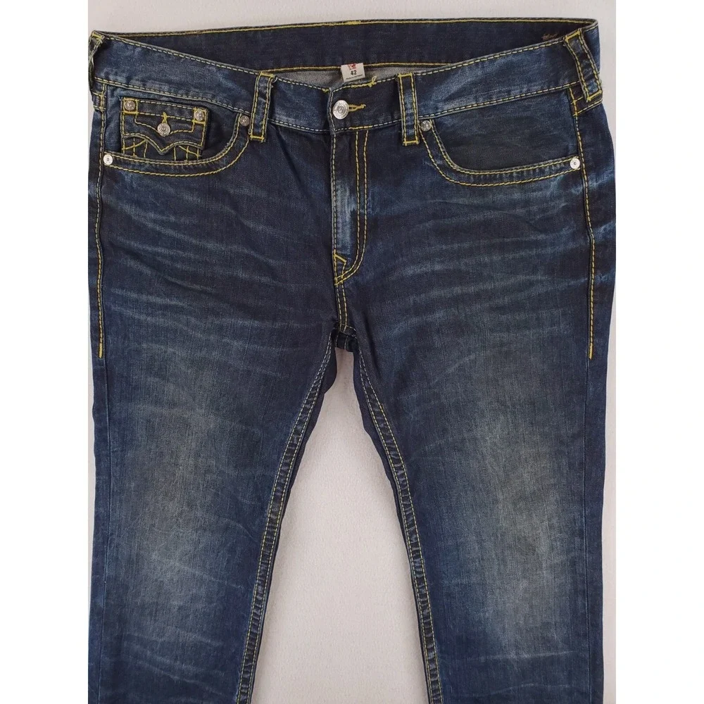 True Religion Jeans Mens 42x34 Skinny Flap Pocket Big T Y2K Hip Hop Thick Stitch